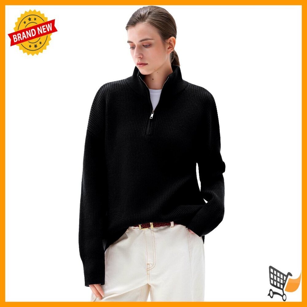 Oversized Cashmere Blend Quarter Zip Pullover Chunky Knit Ribbed Turtleneck
